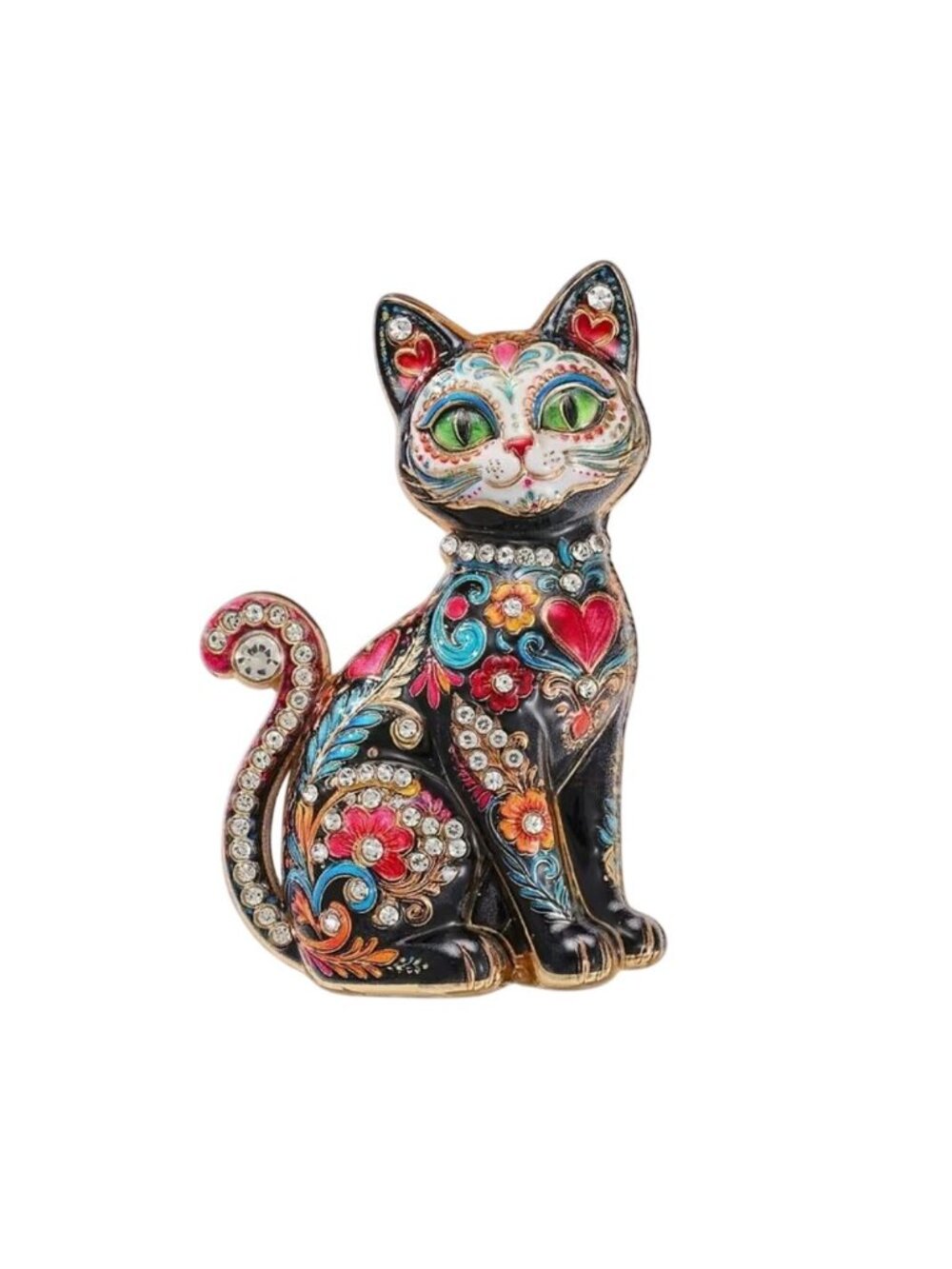 Black Sugar Scull Rhinestone Cat Brooch Enamel Gold Tone